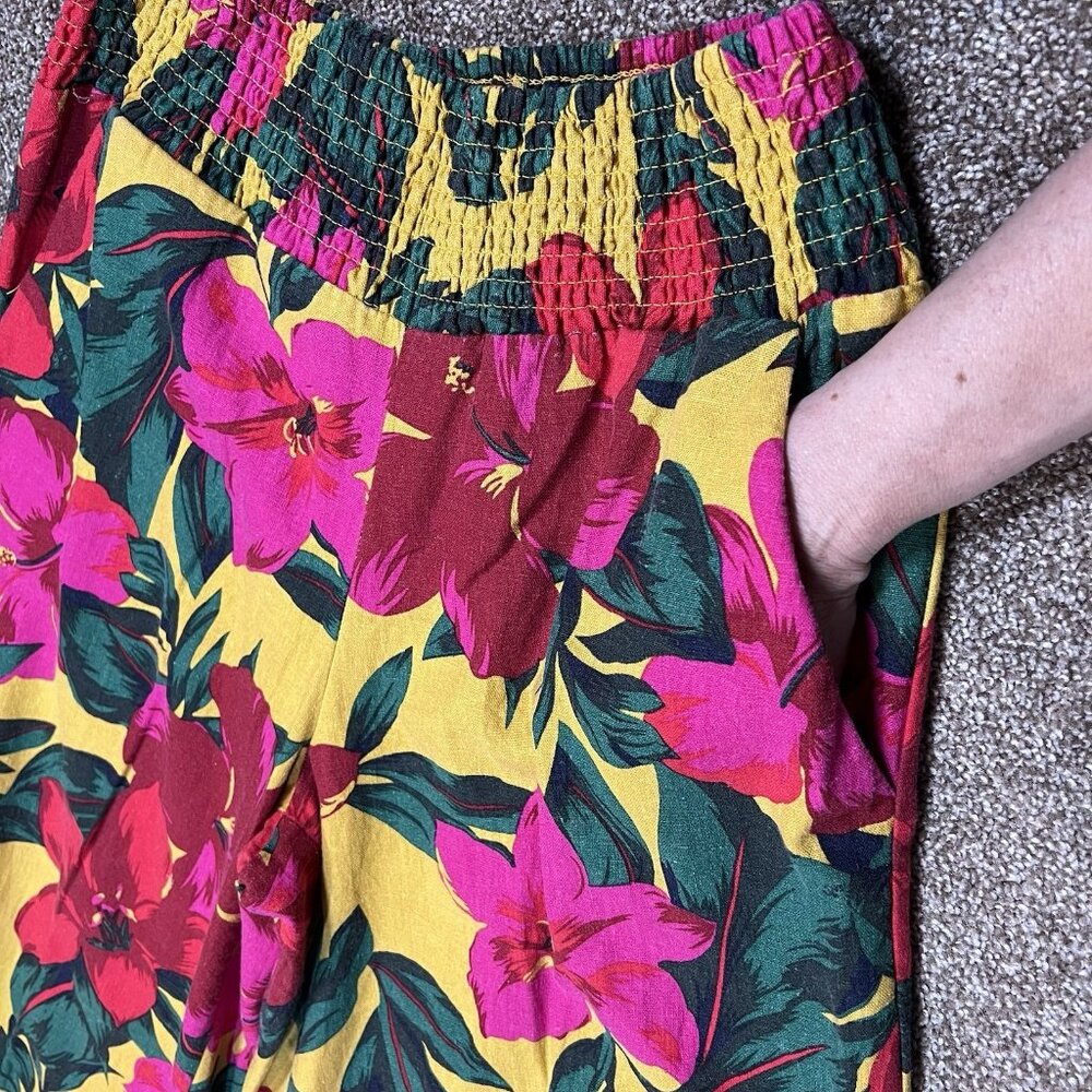 Tahari Women Wide Leg Linen Pants Medium Size Tropical Cropped Floral Pull On - Picture 10 of 13